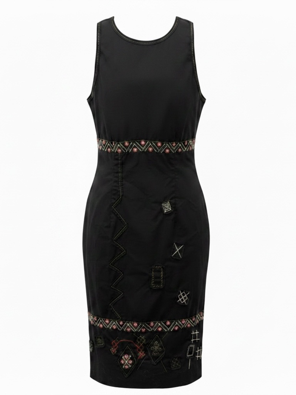BCBGMaxAzria Black Embroidered Waist-Trim Midi Dress